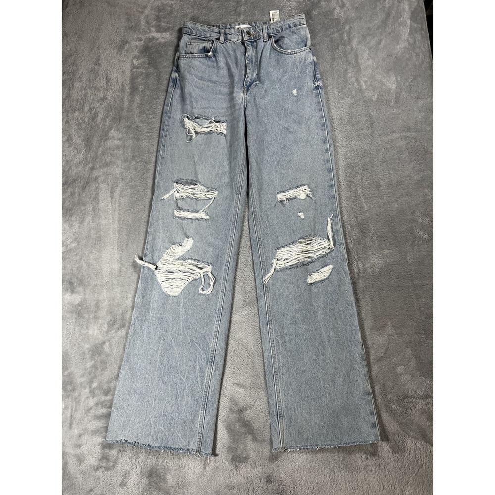 Zara Wide-Legs Jeans Women's Size 8 Blue Solid Denim Cotton High Rise 5-Pockets